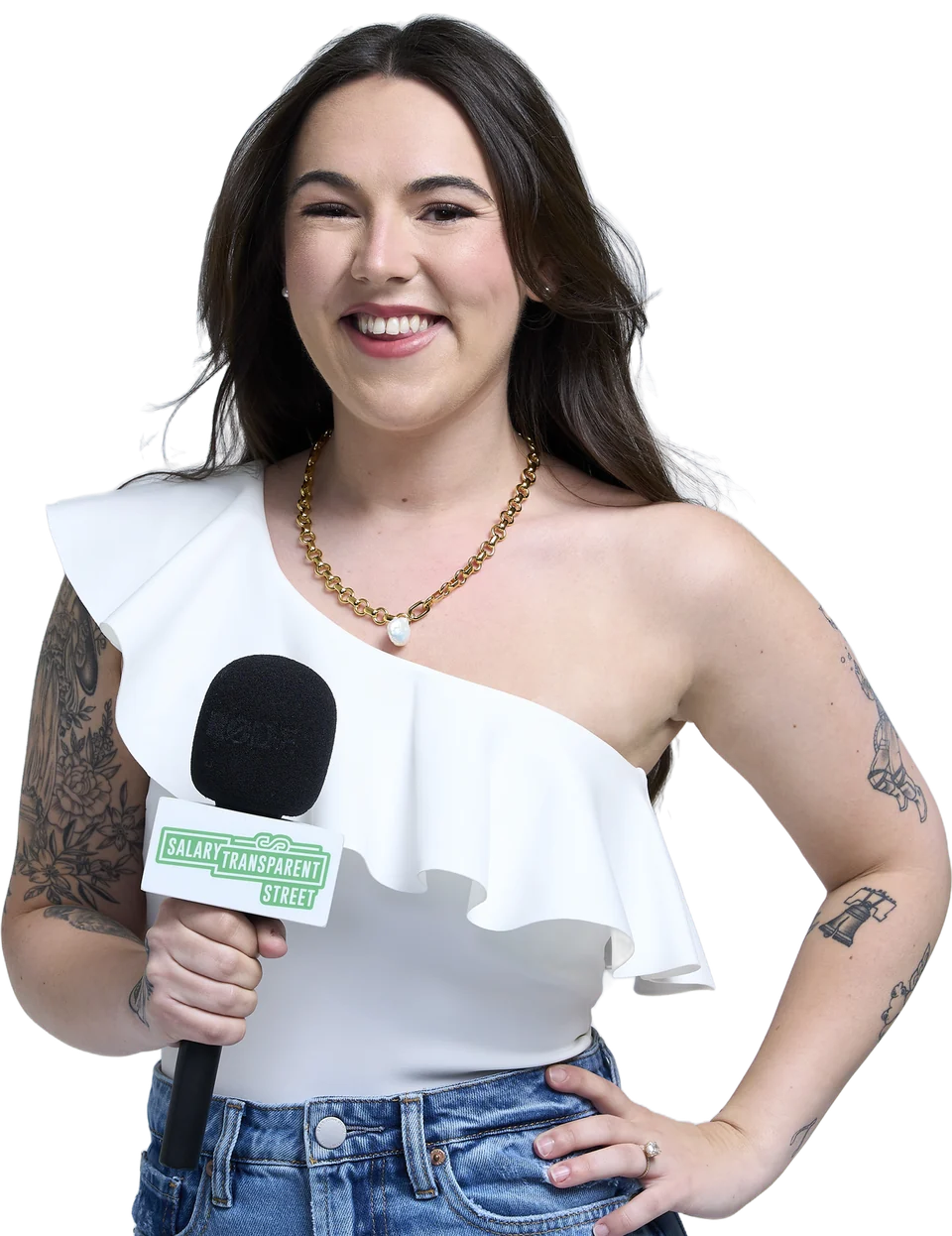 Hannah Williams, founder of Check Salaries, holding a microphone